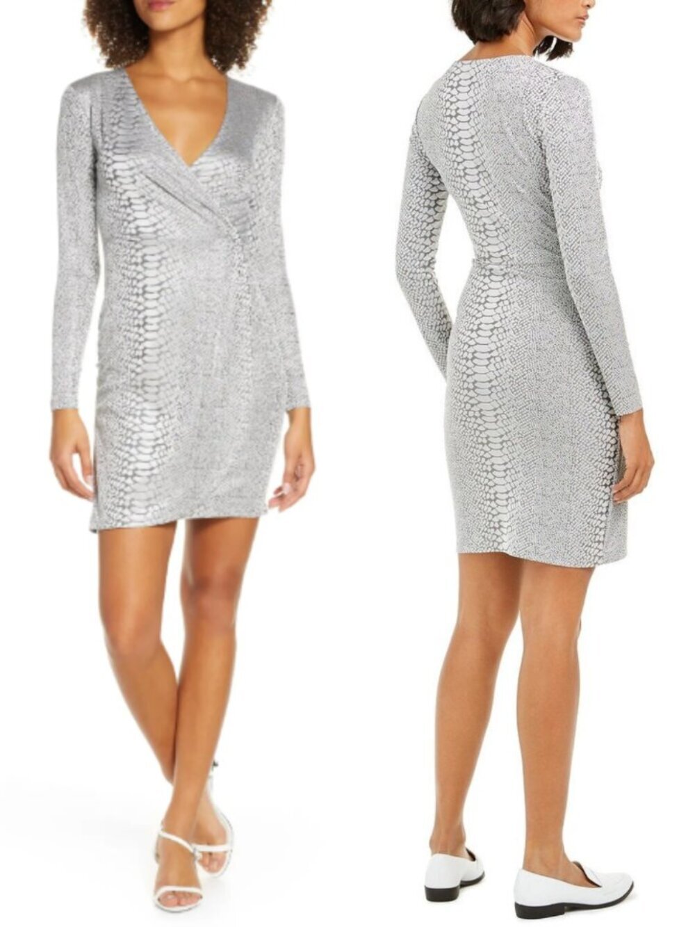 French Connection Silver Snake Print Dress Sz 10 Long Sleeve Metallic V-Neck Min